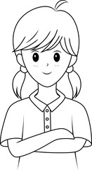 Cute girl with arms folded. Cartoon character design, outline style. Vector illustration.