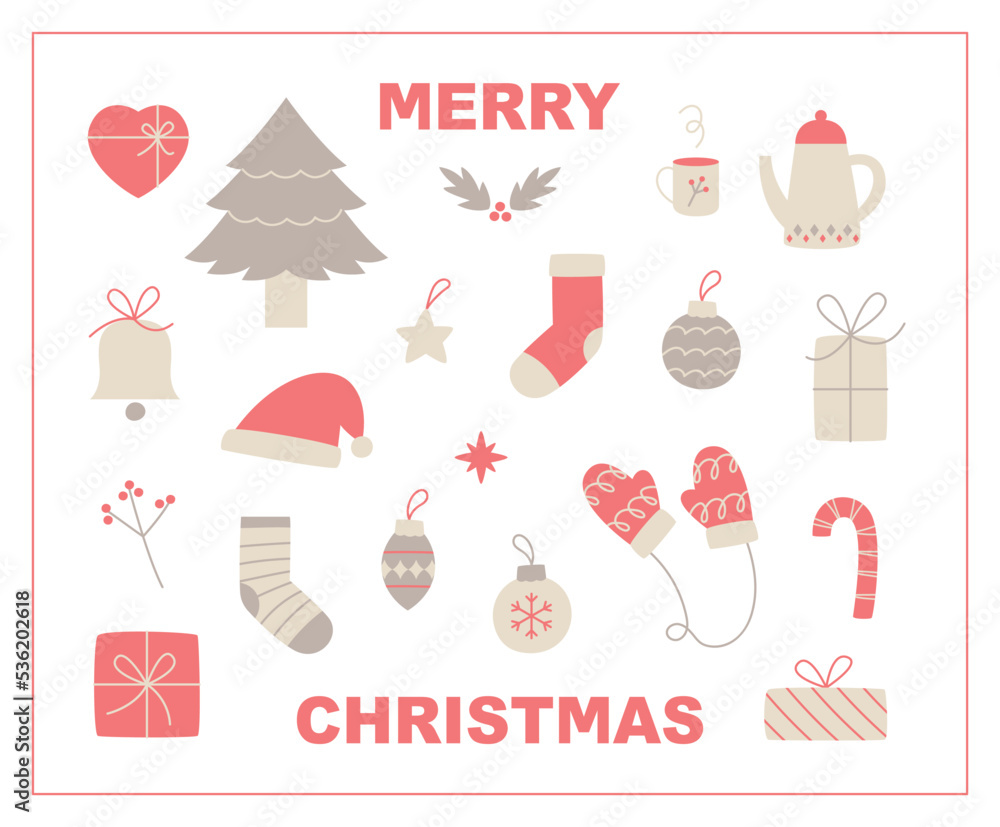 Poster collection of christmas objects. red point color on gray base color. flat design style vector illust