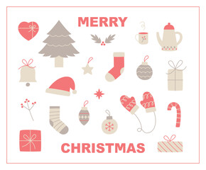 Collection of Christmas objects. Red point color on gray base color. flat design style vector illustration.