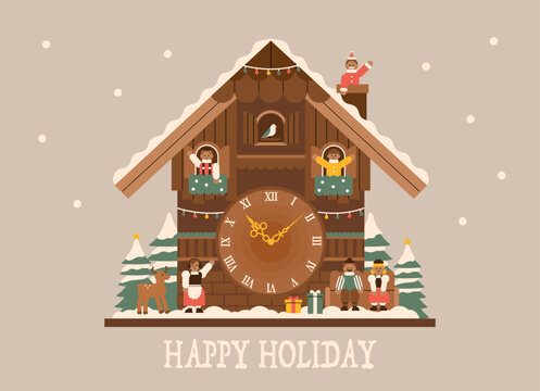 Christmas brown wooden cuckoo clock. In the cuckoo clock, dolls dressed in traditional European costumes are waving their hands. flat design style vector illustration.