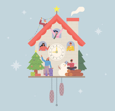 recommend clip art: Christmas cuckoo clock. People are waving their hands in the cuckoo clock. flat design style vector illustration.