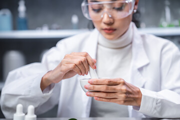 pharmaceutical science laboratory of health care cosmetic research, apothecary scientist working to test a organic herb drug of chemical medicine experiment with chemist doctor, beaker glasses tools - obrazy, fototapety, plakaty