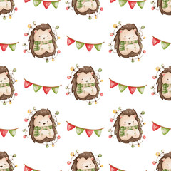 Hedgehog Noel Seamless Pattern Background. Christmas, New Year Illustration Background..