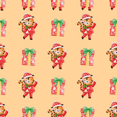 Santa Claus Tiger Seamless Pattern Background. Christmas, New Year Illustration Background..