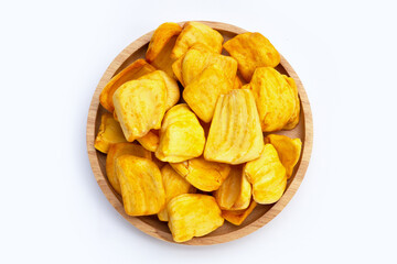 Jackfruit chips on white background.
