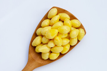 Boiled ginkgo nuts on white background.