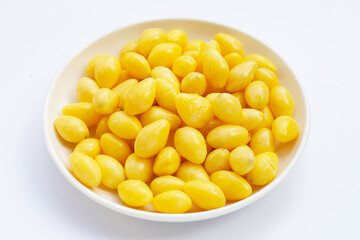 Boiled ginkgo nuts on white background.