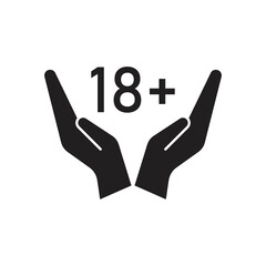 18+ symbol on hand icon design. Eighteen years old sign. No 18 years old, under eighteen sign isolated on a white background. vector illustration