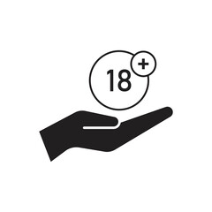 18+ symbol on hand icon design. Eighteen years old sign. No 18 years old, under eighteen sign isolated on a white background. vector illustration