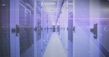 Image of scope scanning and data processing over man in vr headset working in office