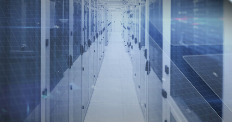 Image of processing circle and math formulas over servers