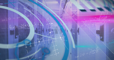 Image of scope scanning and data processing over man in vr headset working in office