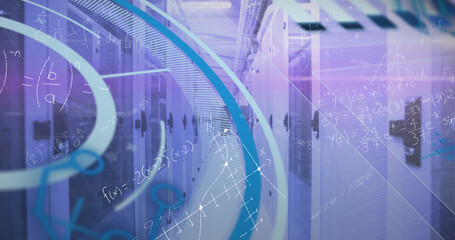 Image of scope scanning and data processing over man in vr headset working in office