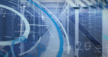 Image of processing circle and math formulas over servers