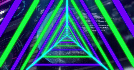 Image of data processing over neon shapes