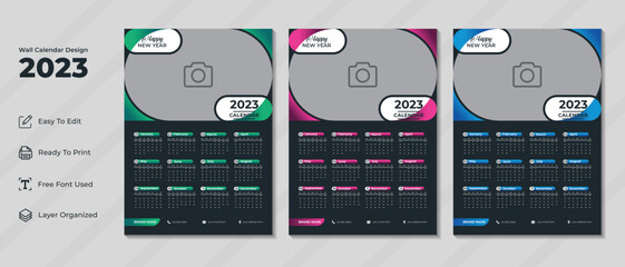  Modern wall calendar design template 2023 with black background . Corporate and business planner diary for new year 2023, Week starts on Sunday.