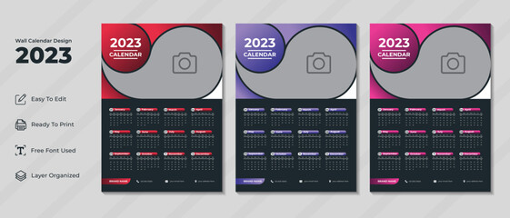  Modern wall calendar design template 2023 with black background . Corporate and business planner diary for new year 2023, Week starts on Sunday.