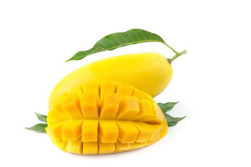 Mango fruit with mango cubes and slices. Isolated on a white background.