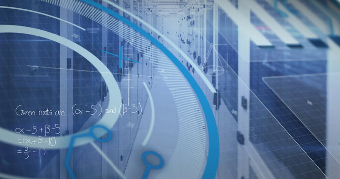 Image of processing circle and math formulas over servers - Powered by Adobe