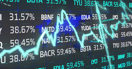 Image of stock market with graph over world map on black background