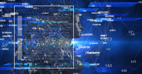 Image of data processing and digital human over shapes on black background