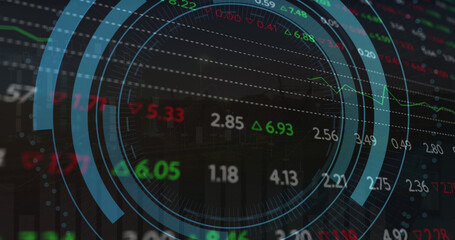 Image of scope scanning with computer icon over stock market on black background