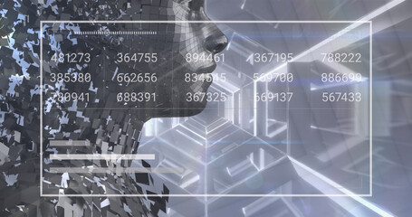 Image of digital human, numbers and sound bars over hexagon pattern looping tunnel