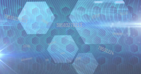 Image of data processing over shapes on black background