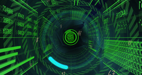 Image of data processing over shapes on black background