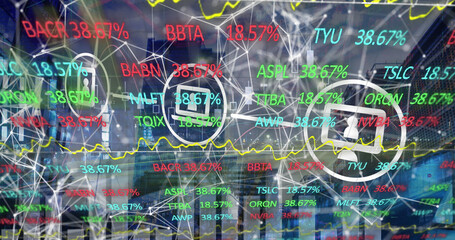Image of network of connections with icons and stock market over cityscape
