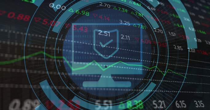 Image of scope scanning with computer icon over stock market on black background - Powered by Adobe