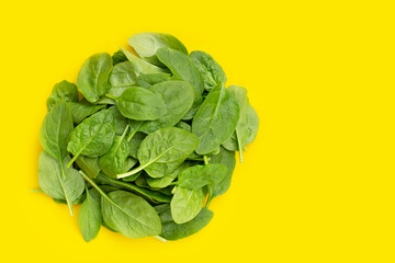 Spinach leaves on yellow background.