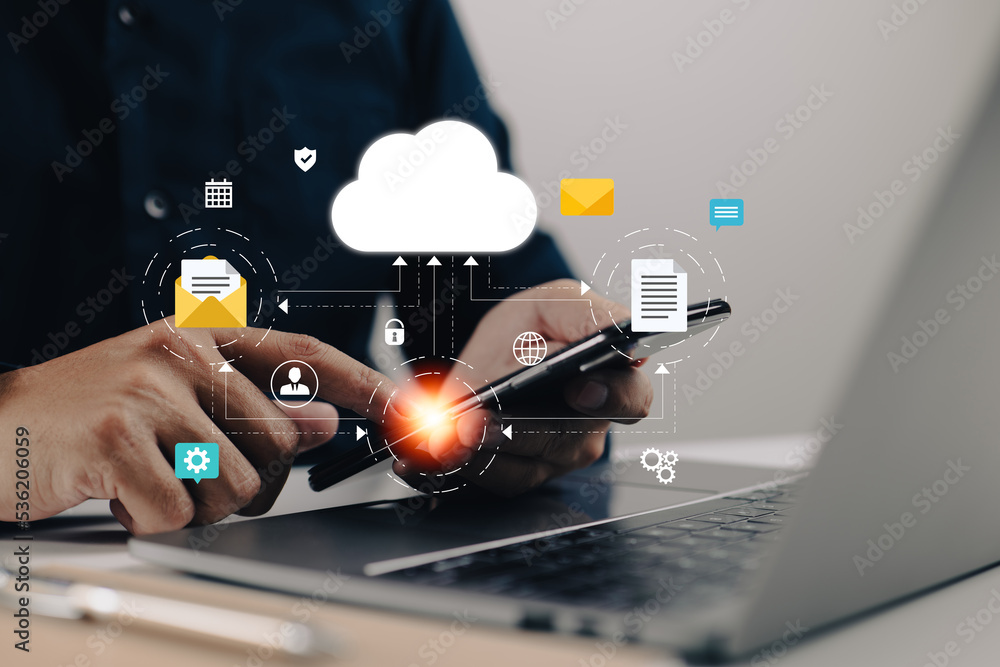 Aufkleber Network of cloud computing technology using laptops and smartphones Online devices upload information and data into a database with a business icon.