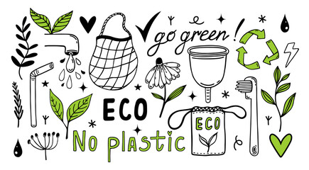 Eco doodles vector set. Symbols of environmental care - recycling, water saving, no plastic. Go green, zero waste. Bio emblem, simple sketch. Illustration isolated on white. Clipart for posters, print