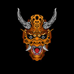 japanese Culture Yellow demon hanya mask or oni mask with hand draw style on white background. Ready for Print Apparel and tattoos