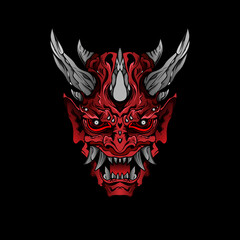 japanese Culture Red demon hanya mask or oni mask with hand draw style on white background. Ready for Print Apparel and tattoos