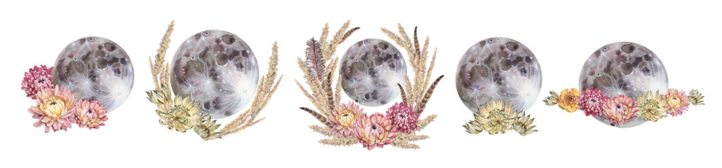 Set watercolor magic moon with boho flower and spikelets isolated on white background. Hand-drawn night luna light for sticker or wallpaper wrapping. Astrology object on sky. Clipart for sketchbook