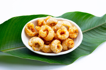 Crispy pork rinds or pork snack.