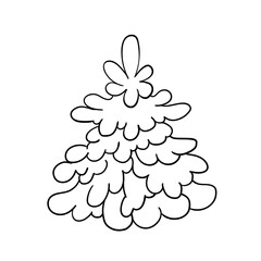 Hand drawn doodle snow covered Christmas tree. Vector outline illustration isolated on white. Perfect for greeting cards, holiday designs, print, textile designs.