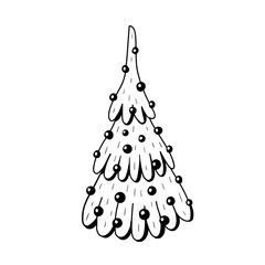 Hand drawn doodle decorated Christmas tree. Vector outline illustration isolated on white. Perfect for greeting cards, holiday designs, print, textile designs.