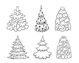 Hand drawn doodle Christmas trees set. Vector outline illustration isolated on white. Perfect for greeting cards, holiday designs, print, textile designs.