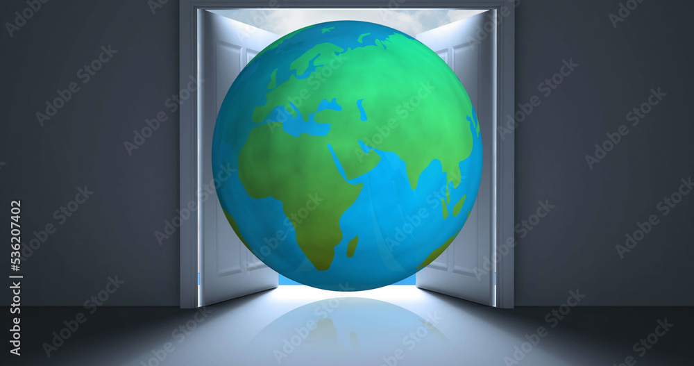 Poster composite of globe in front of open door in empty room, copy space