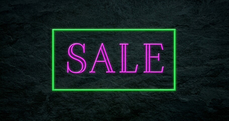 Obraz premium Illustration of pink colored sale text in rectangle box against black background, copy space