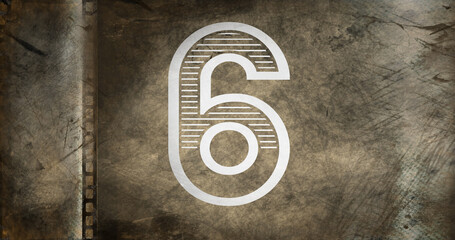 Composite of number 6 against rusty metallic background, copy space