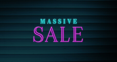 Illustration of illuminated massive sale text against abstract background, copy space