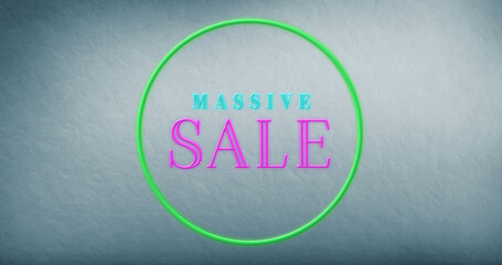 Illustration of massive sale text in green circle against abstract texture background, copy space