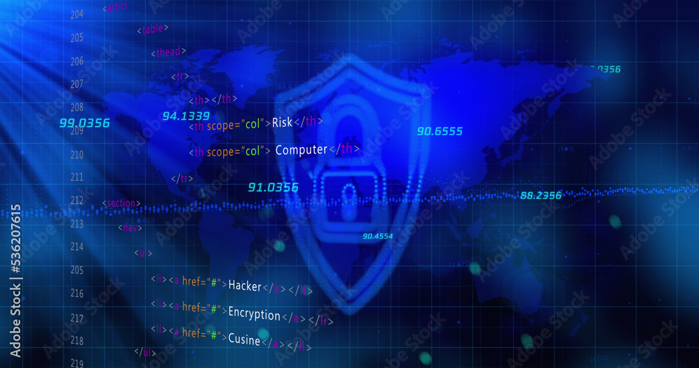 Poster security padlock and shield icon and stock market data processing over world map on blue background