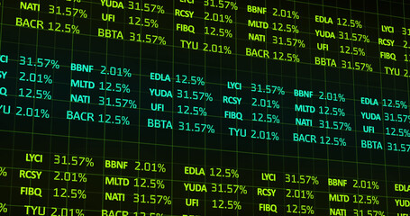 Image of stock market over people portraits icons on black background