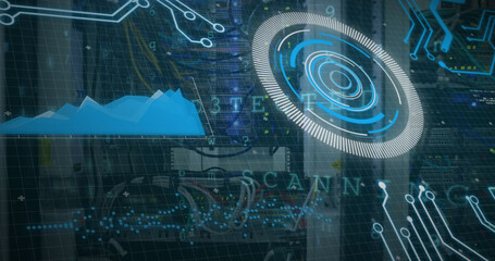 Image of scope scanning and data processing over stock market on black background