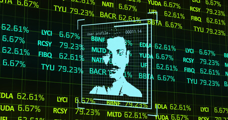 Image of stock market over people portraits icons on black background